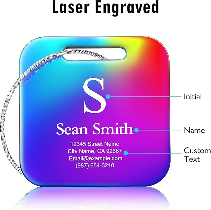 Personalized Engraved Metal Luggage Tags for Suitcase - Custom Name Tags, 10 Pack, Black, Matte Finish, 2x2 inches