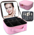 Makeup Bag with Led Mirror,Travel Makeup Organizer with 3 Color Setting, Portable Storage and Adjustable Dividers Travel Makeup Bag(Light Pink)