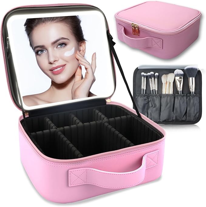 Makeup Bag with Led Mirror,Travel Makeup Organizer with 3 Color Setting, Portable Storage and Adjustable Dividers Travel Makeup Bag(Light Pink)