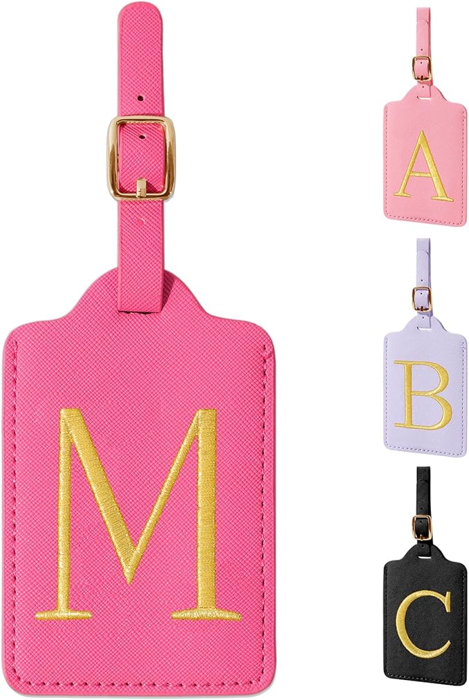 Personalized Initial Luggage Tags for Suitcase, Rose Red Leather Cute Luggage Tags with Privacy Cover Name Card, Embroidered Custom Monogram Luggage Tags Travel Backpack Tag Gifts for Women Kids(M)
