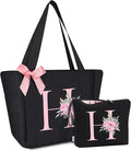 Vavabox Tote Bag, A-Z Initial Monogrammed Waterproof Tote Bag, Bridesmaid Gifts for Women, Black and Pink