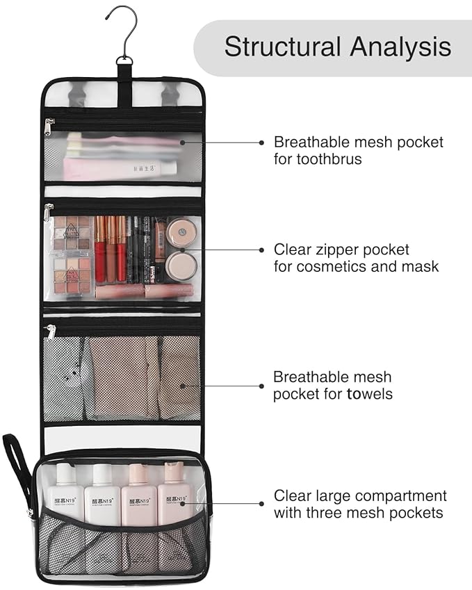 Relavel Travel Hanging Toiletry Bag for Men Women Travel Kit Shaving Bag Waterproof Large Makeup Bag Wash Bag Makeup Organizer Cosmetic Case for Bathroom Shower Semitransparent