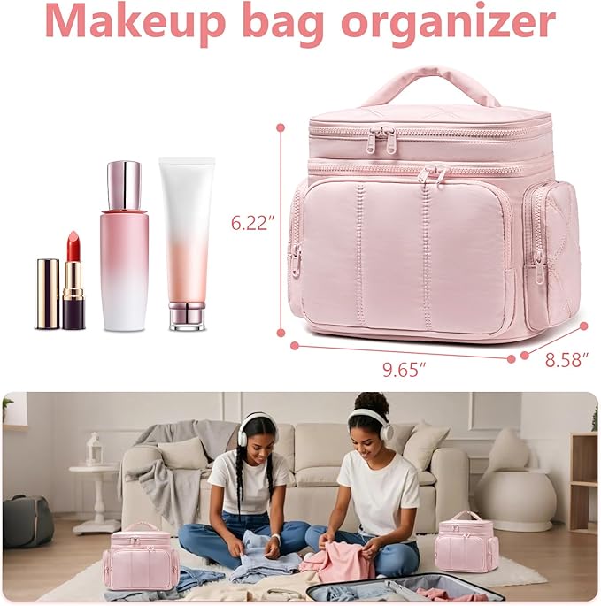 LEDAOU Toiletry Bag for Women,Quilted Travel Makeup Bag Organizer with Double Deck, Large Wide-open Cosmetic Make up Bag for Travel Essentials (Pink Puffy)