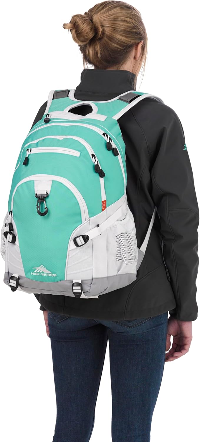 High Sierra Loop Backpack, Travel, or Work Bookbag with tablet sleeve, One Size, Aquamarine/White/Ash