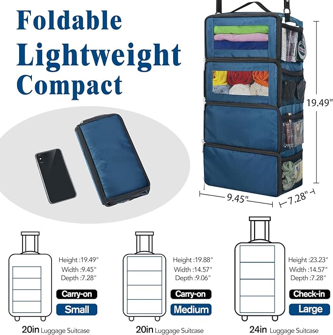 Hanging Travel Organizer, Carry on Luggage Suitcase Organizer, Travel Essentials Portable Travel Shelves Packing Cube for Travel Cruise Small,Navy Blue