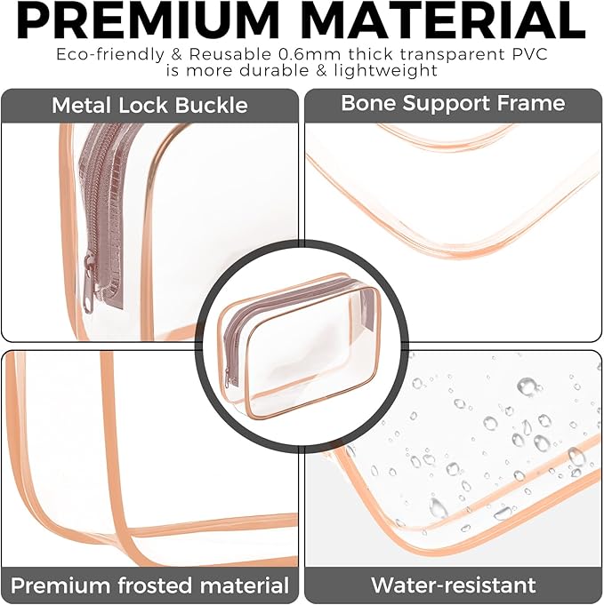 AURUZA 4 Pack Clear Toiletry Bag,Portable Travel Makeup Bags with Zipper, TSA Approved Clear Organizer Bags, PVC Cosmetic Pouch for Airport Airline Compliant (4 Packs Rose Pink)