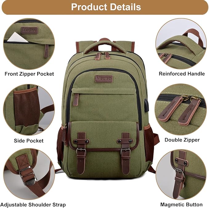 Mactso Canvas Travel Laptop Backpack for Men Women, Business Work Rucksack College Computer Bag Fits 17.3 Inch Notebook,Bookbag with USB Charging Port (Green, 17.3 Inch)