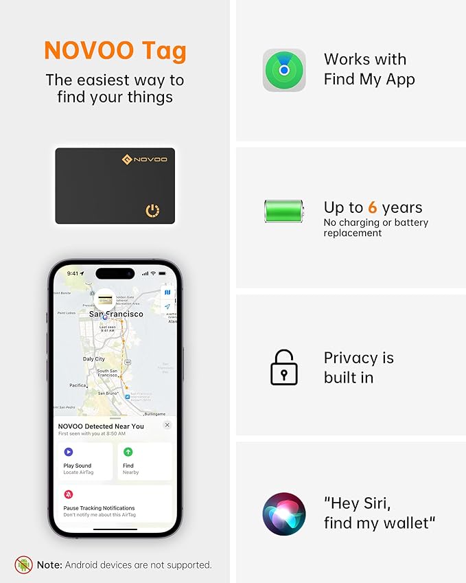 NOVOO Air Locator Tag (iOS Only) Wallet Tracker Card with Apple Find My, Smart Card Bluetooth Tracker, 6 Years Battery, IP68 Waterproof, Keys Finder and Item Locator for Keys, Bags, Passport(BK)