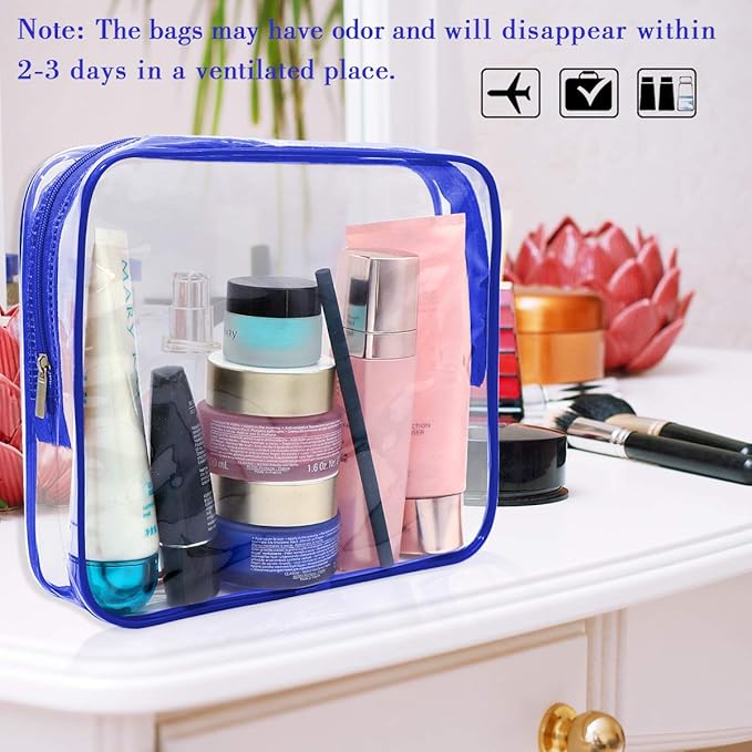 APREUTY Clear Makeup Bags, TSA Approved 6Pcs Cosmetic Makeup Bag Set Clear PVC with Zipper Handle Portable Travel Luggage Pouch Airport Airline Vacation (Blue)