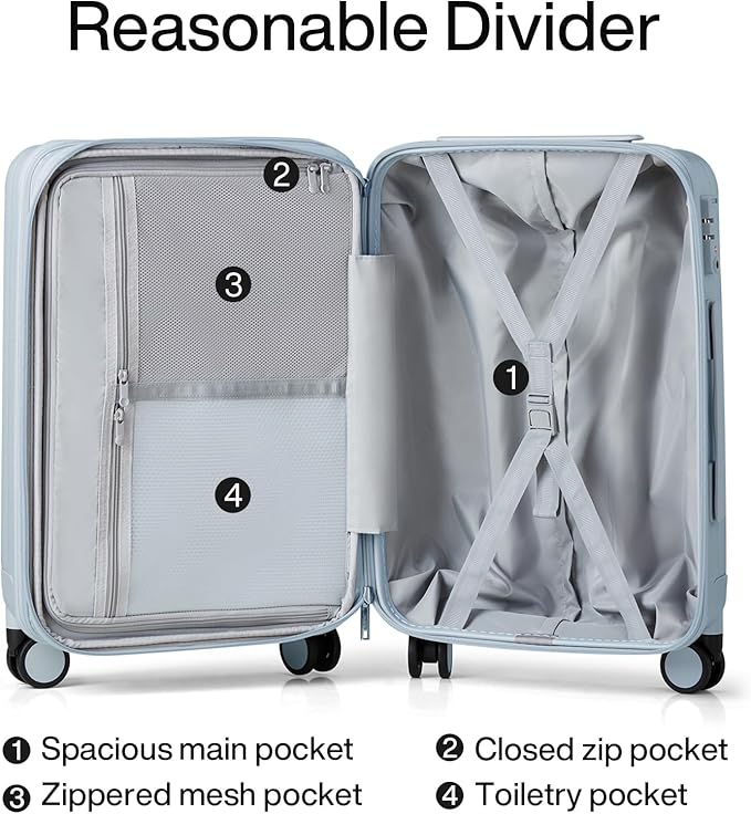 Hanke 20 Inch Expandable Carry on Luggage 22x14x9 Airline Approved Lightweight PC Hard Shell Suitcases with Wheels Travel Luggage Rolling Suitcase Travel Luggage Bag for Weekender(Gray)