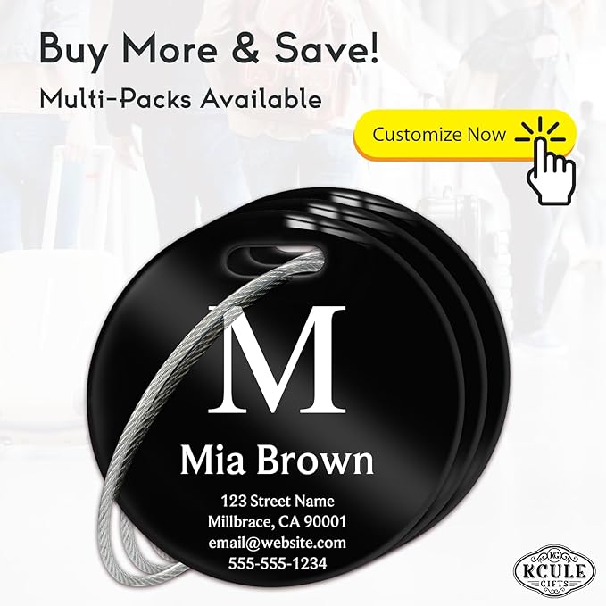 Customized Stainless Steel Luggage Tags: Personalize Your Suitcases, Backpacks, and Bags with Your Text (Black)