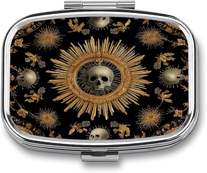 Metal 2 Compartment Pill Organizer Travel Friendly Portable Compact Pill Box Cute Pill Case,for Pocket Wallets Daily Portable Medicine Vitamin Tablet Storage (The Skeleton in The Center)