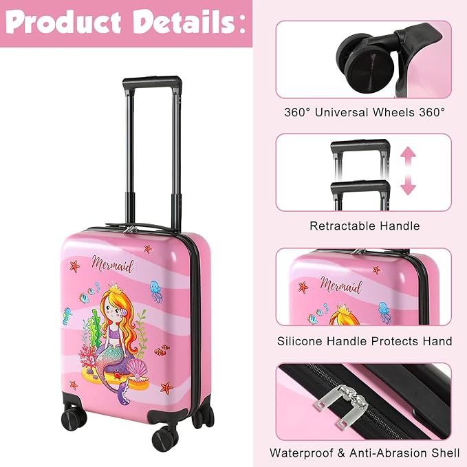 Weewooday Kids Luggage and Backpack 18" Suitcase with Spinner Wheel Hard Case Travel 13" Backpack Girl Suitcase Set for Kids Travel Supplies(Pink,Mermaid Style)