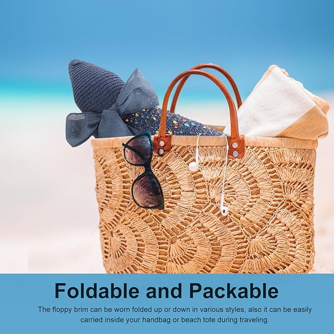 DRESHOW Beach Hats for Women Big Straw Wide Brim Summer Hat Floppy Foldable Roll up Cap Sun Hat UPF 50+
