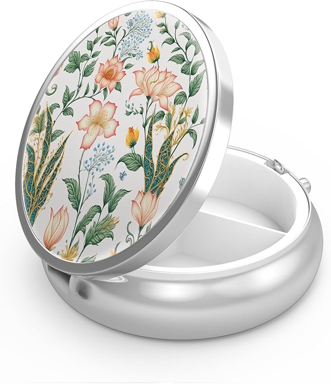 Pill Box 3 Compartment Medicine Pill Case,Portable for Pocket or Purse Pill Box Decorative Metal Medicine Vitamin Organizer Unique Gift(Floral Flower)