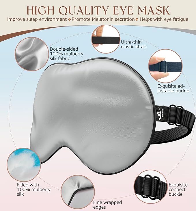 HiRui Silk Sleep Mask, 100% Natural Mulberry Silk of Double-Sided & Inner-Filling, Ultra-Smooth Soft, Adjustable Strap, Blocks Light for Night Sleeping, Travel, Office Naps (Gray)