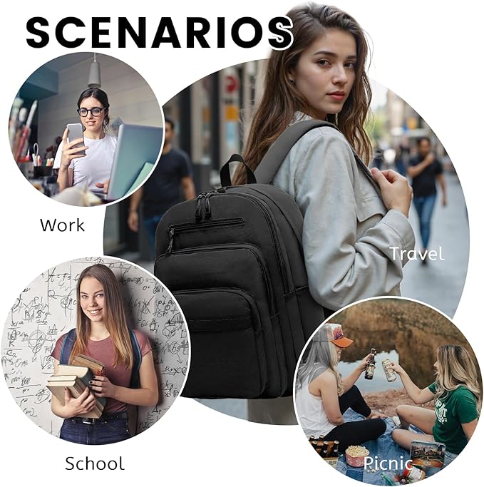 Lanola Basic Multi-Pocket Multipurpose Backpack Classical Water Resistant Student Bookbag For School Business Travel or Casual Daypack Backpacks for Men or Women - Black