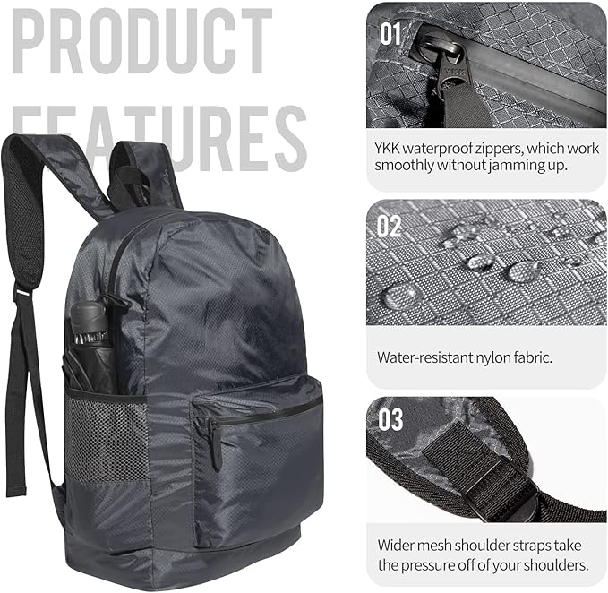 pack all 20L Lightweight Packable Backpack, Water Resistant Foldable Backpack, Travel Hiking Daypack with Waterproof Zippers (Navy Blue)