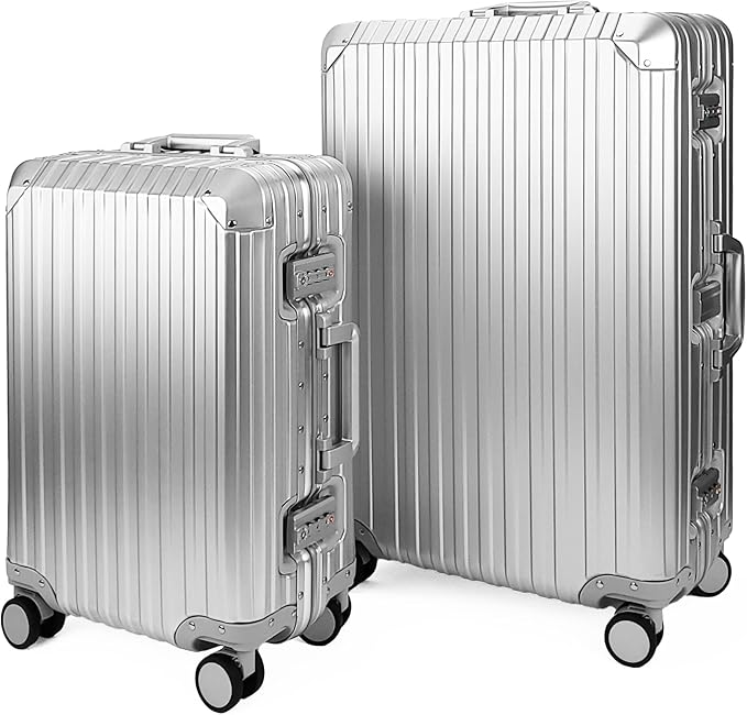 All Aluminum Luggage Suitcase 3 Sizes (20",26",29") TSA Lock Carry On Silver, Gray, Gold, Black with Cover (Silver, Double Set 20",28")