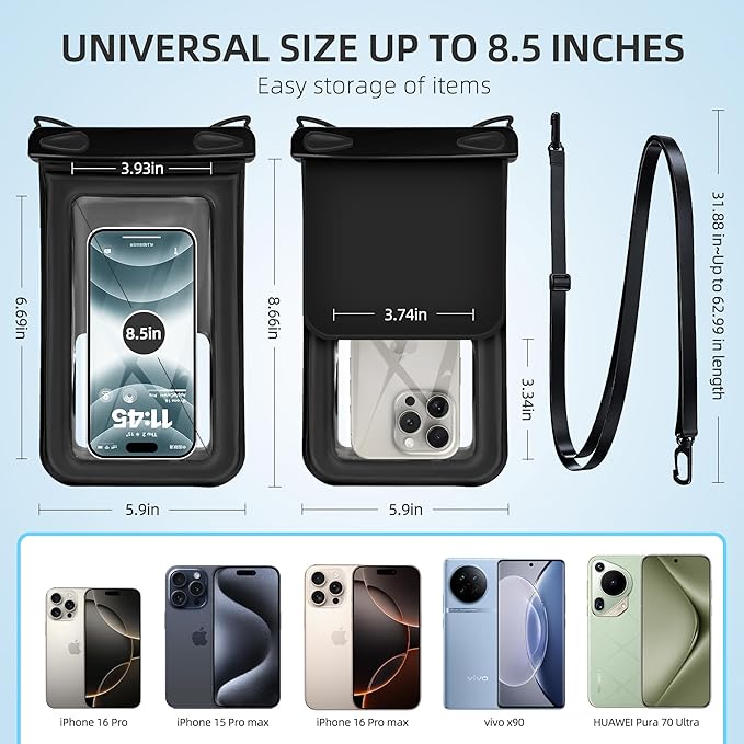 Waterproof Phone Pouch Double Pocket, Floating IPX8 8.5 inch Waterproof Phone Case for Beach Vacation Essentials for Compatible iPhone 16 15 14 Pro Max Galaxy S25 S24 Ultra Phone Pouch Black