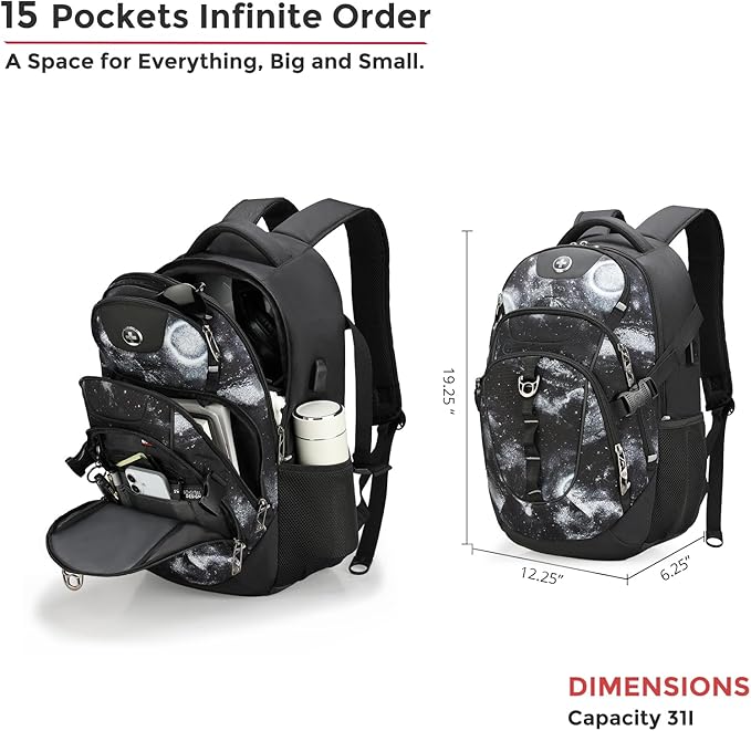 Swissdigital Laptop Backpack with USB Charging Port, Travel Backpack Fits 15.6 inches Computer, 31L Backpack for Men, Starry Sky | SD803