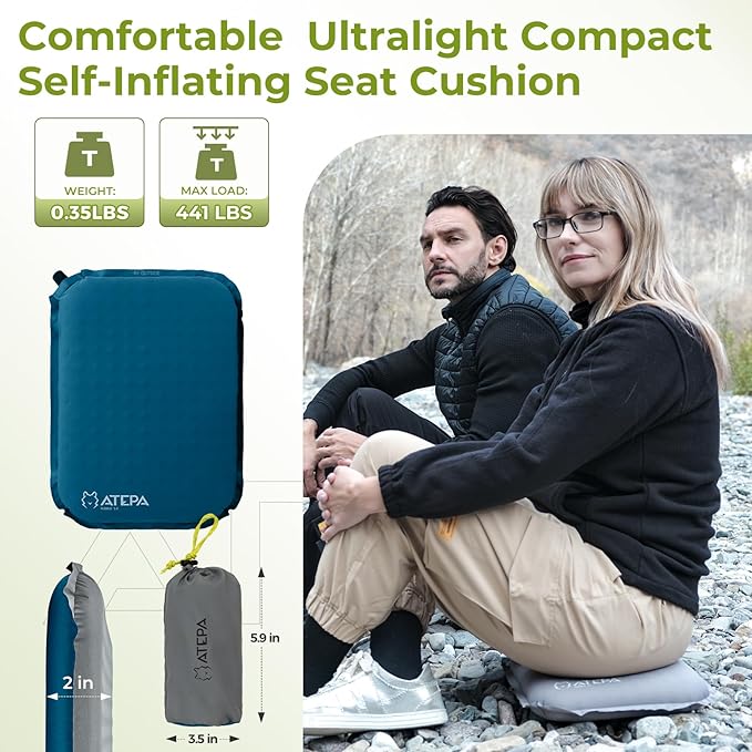 ATEPA Inflatable Stadium Seat Cushion, Self-Inflating Memory Foam Stadium Seats Bleacher Seat Chair Cushion Pad for Airplane Travel Backpacking Sports Events