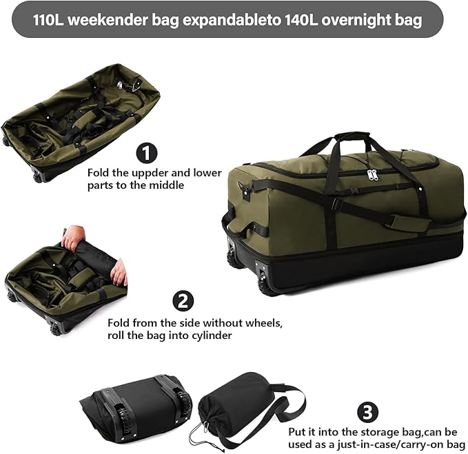Rolling Duffle Bag with Wheels,110L/140L Expandable Soft-Sided Foldable Duffle Bag with 2 Rubber Wheels,Packable 32” Rolling Carry-On with Multi-Pockets & Compartments (Green)