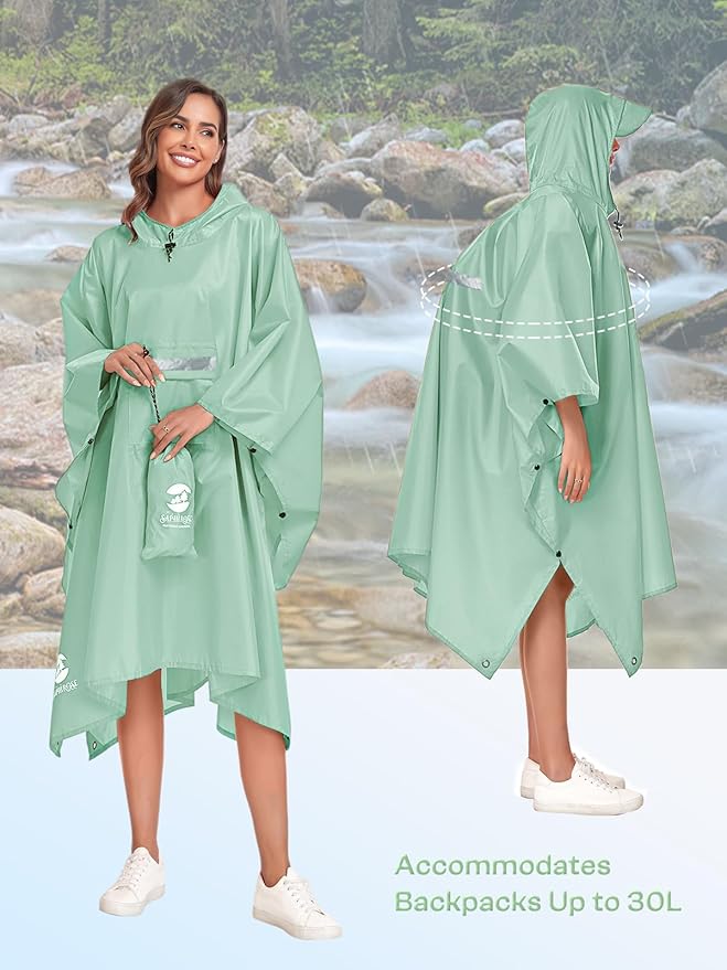 SaphiRose Extra Thick Hooded Rain Poncho Double Layer Waterproof Raincoat Jacket for Men Women Adults