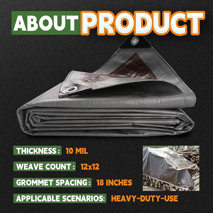 Tarps Heavy Duty Waterproof 6x8 Feet (3 Pack), 10Mil Multipurpose Tarp Cover with Metal Grommets and Reinforced Edges, Silver/Brown Tarp by RAINDEWAY