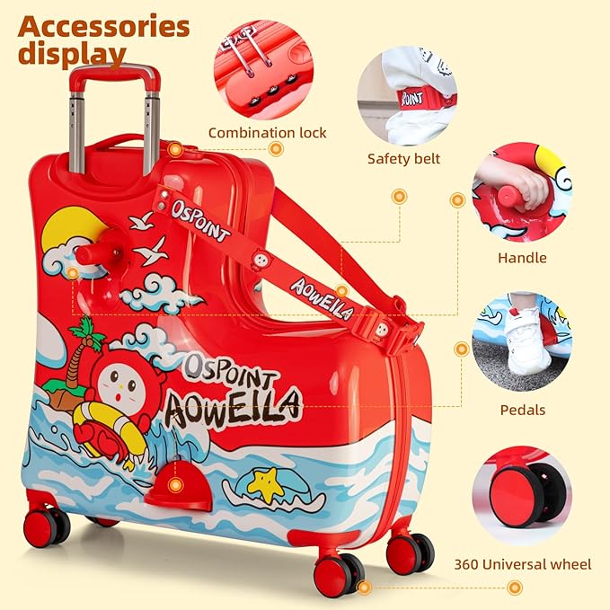 Kids' Lightweight Ride on Luggage with Spinner Wheels & Foldabe Design (Red, 20"+ Aged 1-3 Toddler),Children Holiday Birthday Gift