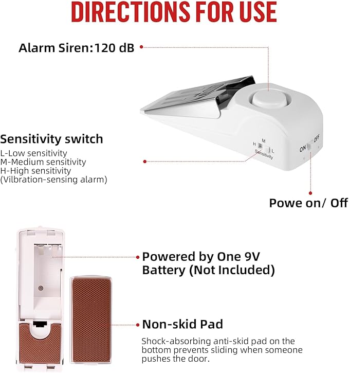 Portable Door Lock Alarm - Dual Protection Security, 120DB Siren, Sturdy Rubber Door Stopper Wedge for Home & Travel