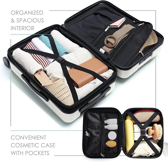22 Inch Carry On Luggage 22x14x9 Airline Approved, Carry On Suitcase with Wheels, Hard-shell Carry-on Luggage, Durable Luggage Carry-On, White Small Suitcase with Cosmetic Case