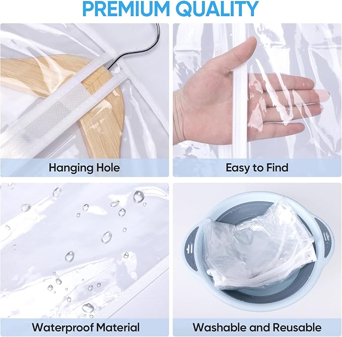 BALEINE 48'' Clear Garment Bags, 6 Packs PEVA Dress Bag for Closet Clothes Dresses Suit Coats Storage (Clear, 6PK)