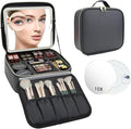 Travel Makeup Bag with LED Mirror and 10x magnifying glass with 3 Lighted Settings, Adjustable Dividers and Makeup Brush Storage Bag Black