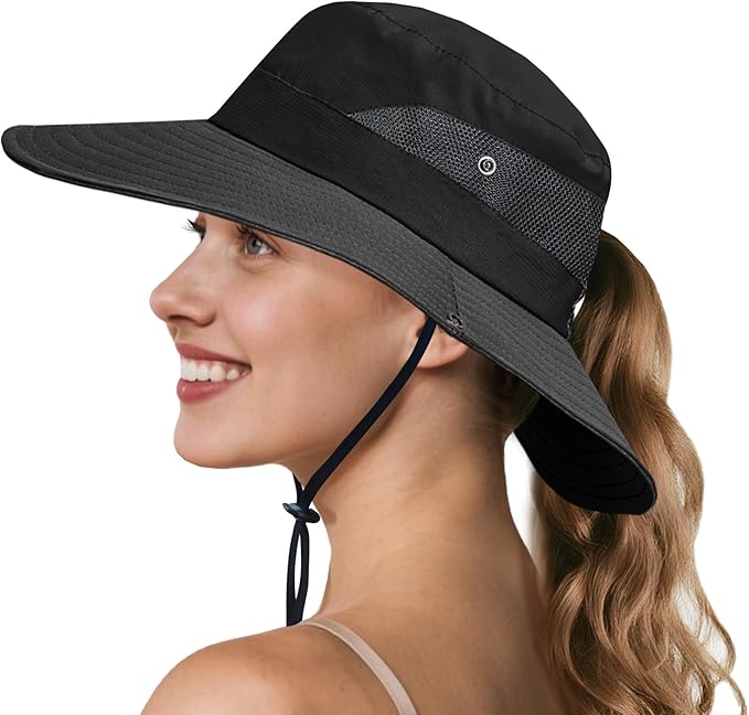 NPQQUAN Ponytail Sun Bucket Hats for Women Men Wide Brim UPF 50+ Fishing & Beach Hats
