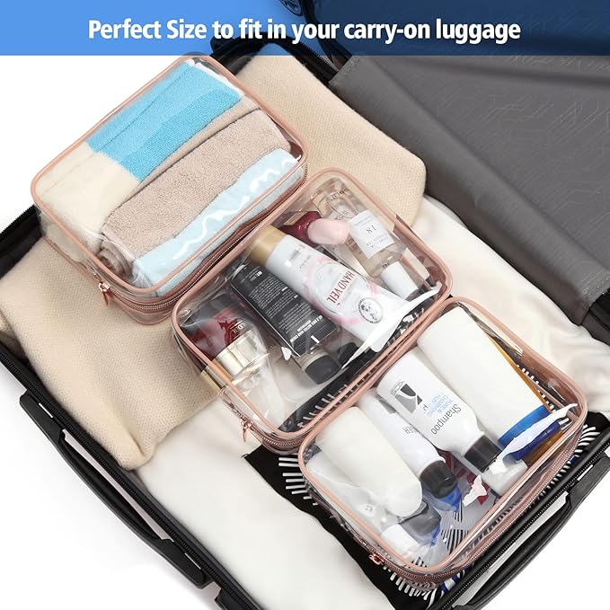 PACKISM Clear Makeup Bag - 4 Pack TSA Approved Toiletry Bag Waterproof Quart Size Travel Bag, Clear Cosmetic Bag for Women, Carry on Airport Airline Compliant Bag, Rose Pink