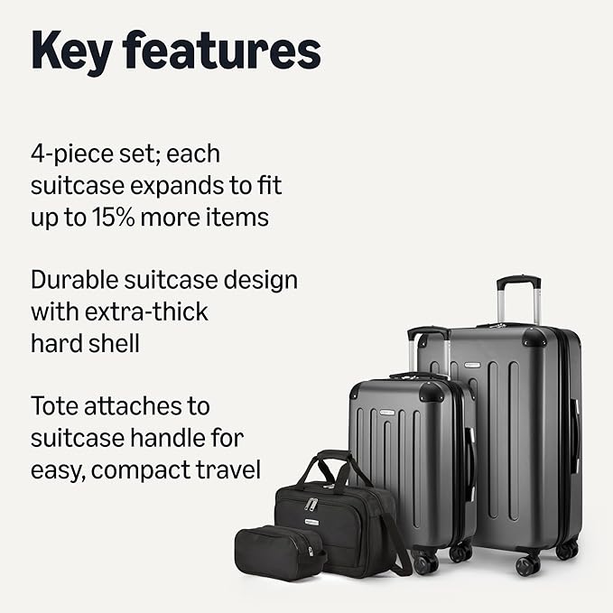 Amazon Basics 4-Piece Luggage Set, Including Two Hardside Suitcases With Multi-directional Spinner Wheels (22" Carry-On and 28" Checked), 15" Tote Bag and 10" Compact Travel Bag, Black