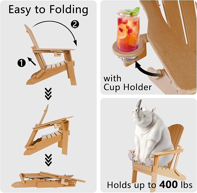 Folding Adirondack Chair - Extended Ergonomic Backrest, Cup Holder - Easy Assembly - Durable HDPE Plastic, Weather Resistant & Maintenance-Free - Lawn, Patio, Deck Supports 400lbs Teak