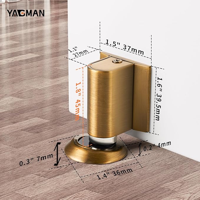 2 Pack Magnetic Door Stoppers Retractable Bottom of Door Holder No Drilling Mount Floor Door Stop with Screws and Adhesive Catch Door Keep Door Open Antique Brass AB-2