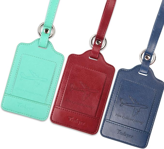 Teskyer Luggage Tags, 3 Pack Premium PU Leather Luggage Tags Privacy Protection Travel Bag Labels Suitcase Tags