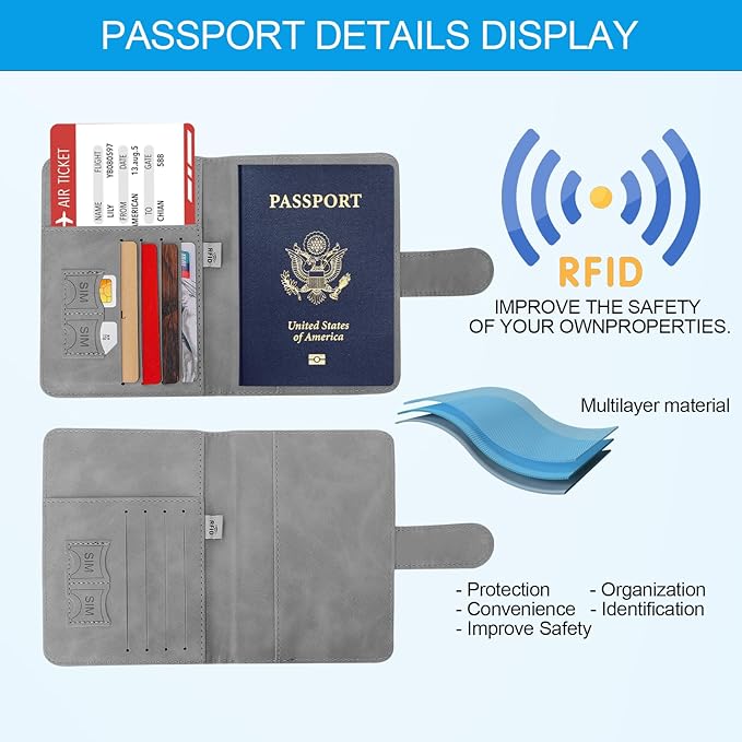 Passport Holders, RFID Blocking Credit Card Holder, PU Leather Vaccine Card Holders for Travel with Magnetic Buckle, Travel Must Haves Cruise Ship Essentials for Men, Women (Grey)