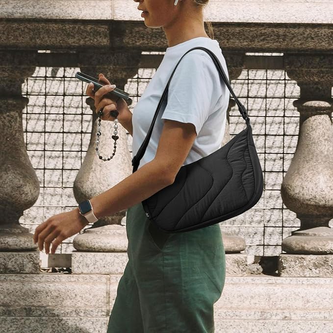 tomtoc 3.5L Puffer Sling Crossbody Bag for Women Trendy, Nylon Quilted Crescent Shoulder Bag Purses for Cellphone and Daily Essentials, Puffy Travel Hobo Handbag with Adjustable Strap & Inner Pockets