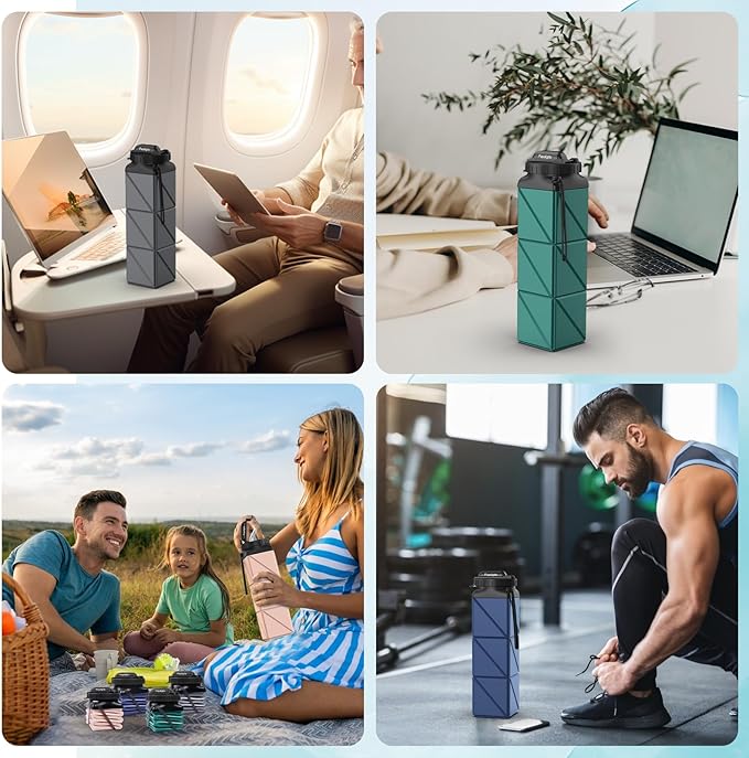 Collapsible Water Bottles 20.6oz Foldable Water Bottle BPA Free Reusable Lightweight LeakProof Travel Silicone Water Bottles for Travel Gym Hiking Camping (Upgrade Dark Blue)