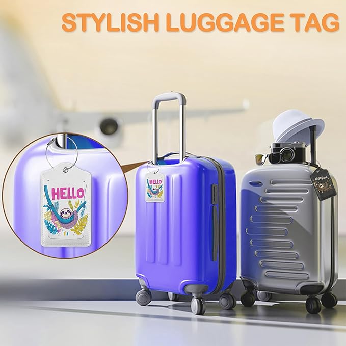 Colorful Sloth Hello 3 Pack Luggage Tags for Suitcases, Happy Sloth Hanging PU Leather Luggage Tag for Travel, Bag Tags with Privacy Name ID Card and Steel Loop for Women Men