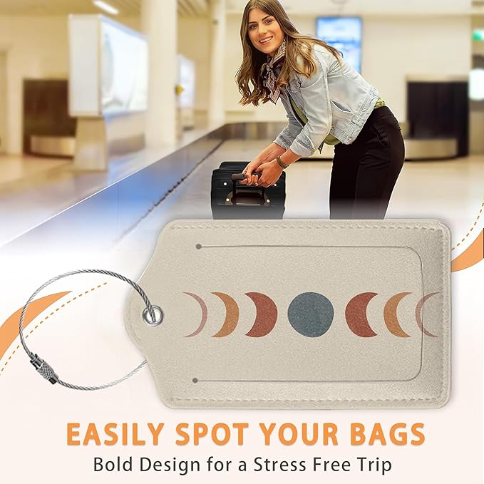 Minimalist Sunset PU Leather Luggage Tags for Suitcase, Modern Moon Travel Cruise 3 Pack with Privacy Flap, Name ID Label and Metal Loop for Women Men Girls Baggage Bag Backpack