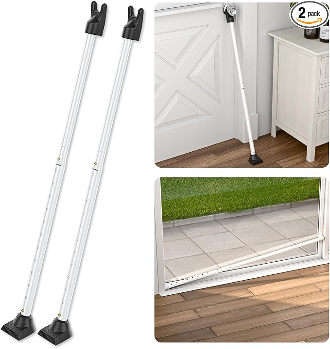 SECURITYMAN 2-in-1 Door Security Bar & Sliding Patio Door Security Bar (2 Pack) via Interchangeable Caps - Heavy Duty Iron Construction Door Stoppers for Home, Apartment, Travel Hotel - White