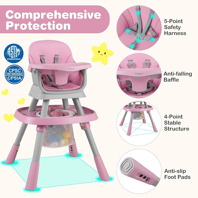 BABY JOY 16 in 1 High Chair, Convertible Baby Highchair for Babies and Toddlers with Activity Center, Booster Seat, Building Block Table, Toddler Chair with Safety Harness, Removable Tray (Pink)