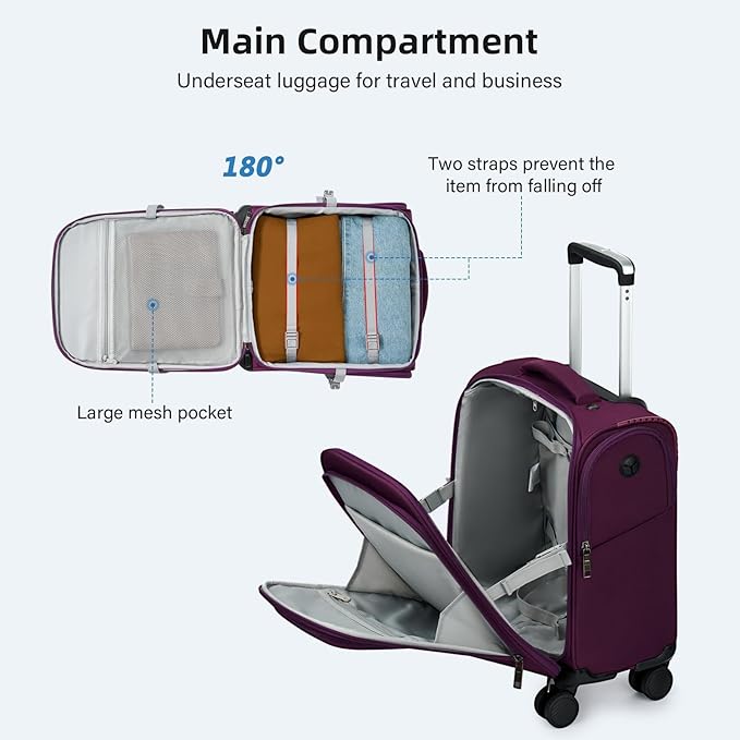 16 Inch Underseat Carry On Luggage with Wheels Softside Small Suitcases Personal Item Bag with Pocket Travel Luggage for Men Women Business Overnight Bag(Purple)