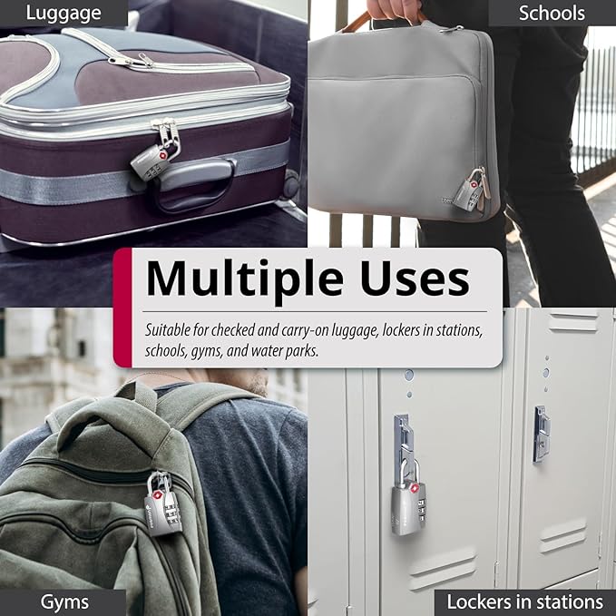 Fosmon TSA Approved Locks for Luggage. Suitcase Locks with Open Alert Indicator, 3 Digit Combination Padlock with Alloy Body for Travel, Backpack Zipper Anti Theft, Locker, Gym- Silver 2 Pack
