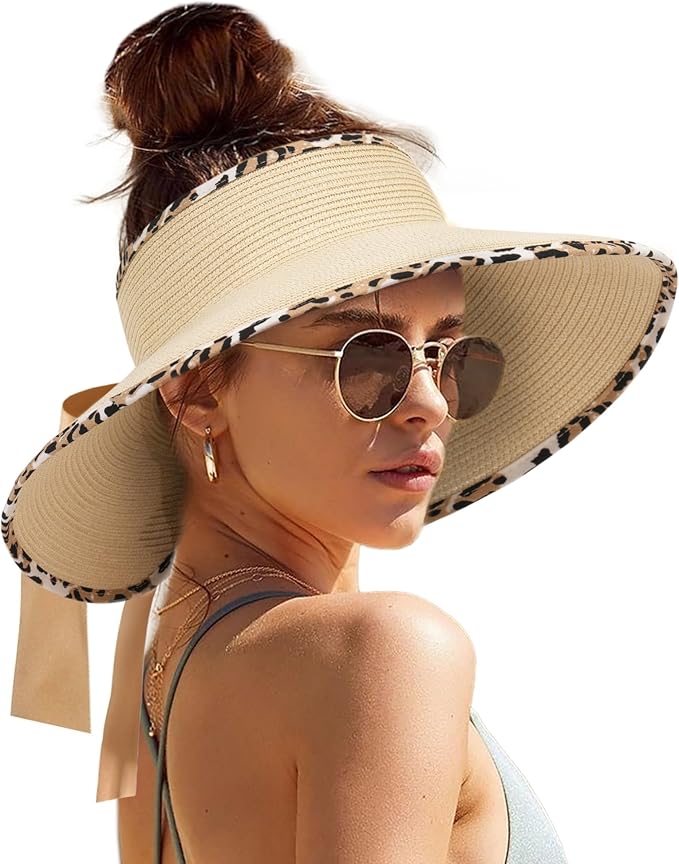 Camptrace Sun Visors for Women Wide Brim Beach Hat Foldable Straw Visor Hat Ponytail Summer Packable UPF 50+